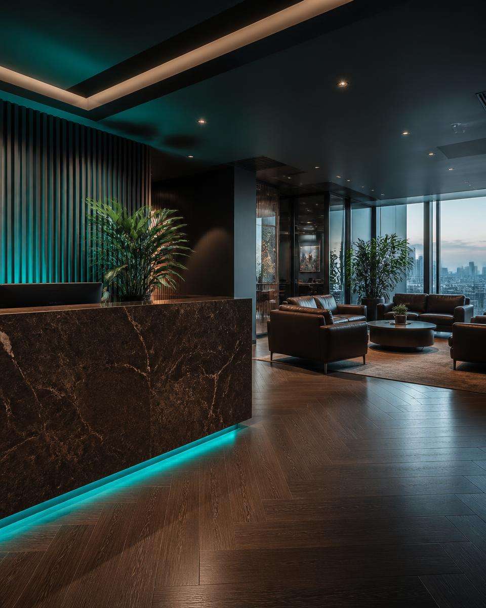Recepção e lounge do escritório da Futureinvest